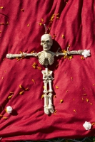 Skeleton arranged like a cross in an altar at Day of the Dead (Dia de los Muertos) at Hollywood Forever cemetery