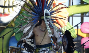 Telpochcalli Coyolxauhqui perform the Ceremonial Aztec Blesssing at Dios de Los Muertos, Day of the Dead, Hollywood Forever Cementary