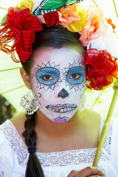 Woman dressed in costume at Day of the Dead (Dia de los Muertos) at Hollywood Forever Cemetery