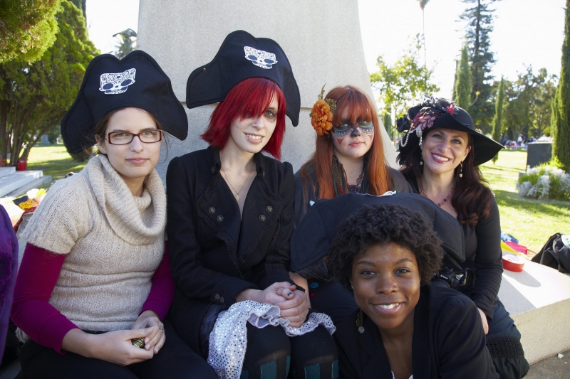 Five young women dressed in costume at Day of the Dead (Dia de los Muertos) at Hollywood Forever cemetery