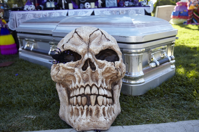 Scull and coffin in altar exhibit at Day of the Dead (Dia de los Muertos) at Hollywood Forever Cemetery