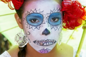 Woman dressed in costume at Day of the Dead (Dia de los Muertos) at Hollywood Forever Cemetery